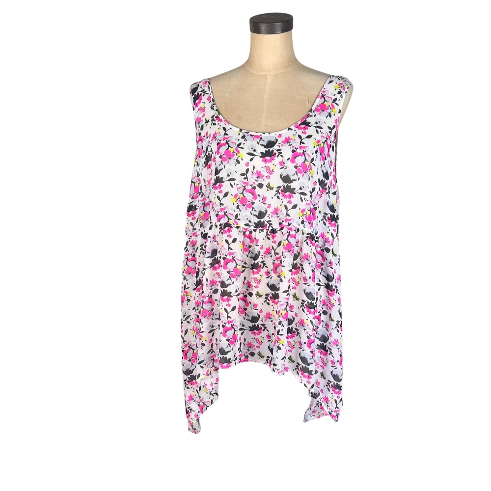 Torrid Floral Babydoll Tank Top Pink White Cage Back Handkerchief Hem Womens 2